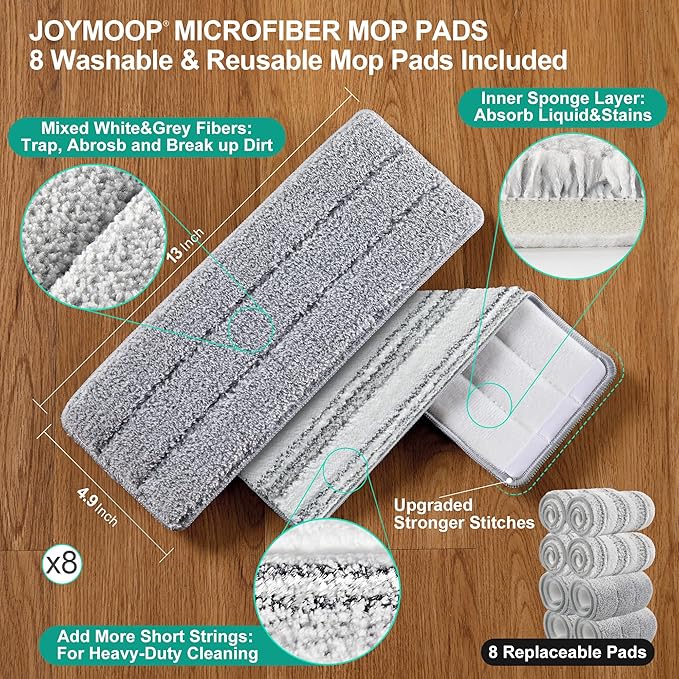 JOYMOOP Mop and Bucket with Wringer Set for Floor Cleaning and Wall Cleaner Flat Mop and Bucket System Set with 2 Mops and 8 Large Microfiber Pads - Green