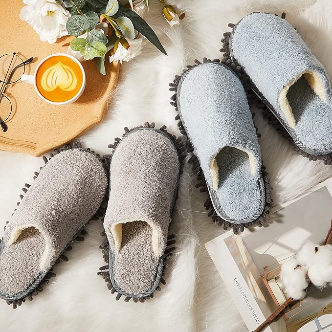 Gerrii 4 Pair Microfiber Cleaning Mop Slippers - Detachable Washable House Mop Slippers for Men and Women Ideal for Kitchen Floor Dust Cleaning Includes Blue Gray Pink Beige(Large)