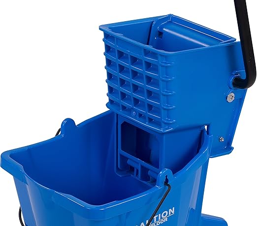Carlisle FoodService Products 26-Quart Commercial Mop Bucket with Side-Press Wringer Precision-Molded Polypropylene Durable Wringer Bucket with Non-Marking Casters 18.5 x 16.5 x 23 Inches Blue