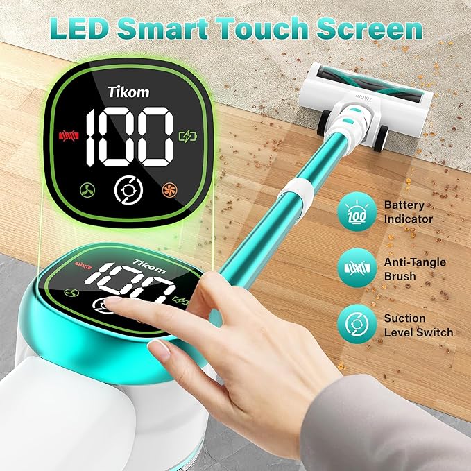 Tikom V500 Cordless Vacuum Cleaner for Home 40000Pa/450W Stick Vacuum with LED Touch Screen Charging Wall Dock Anti-Tangle Lightweight Handheld Vacuum for Pet Hair Hard Floor Carpet Blue