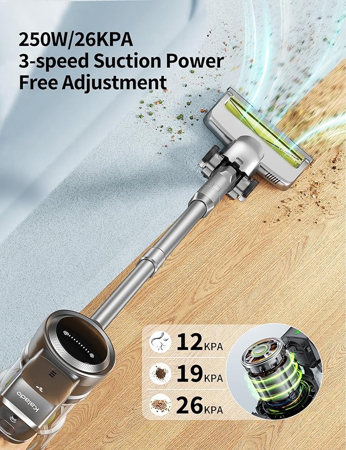 kalado Cordless Vacuum Cleaner 250w 26000pa Stick Vacuum Cleaner LED Display Screen Detachable Battery Suitable for Hard Floors Carpets Pet Hair