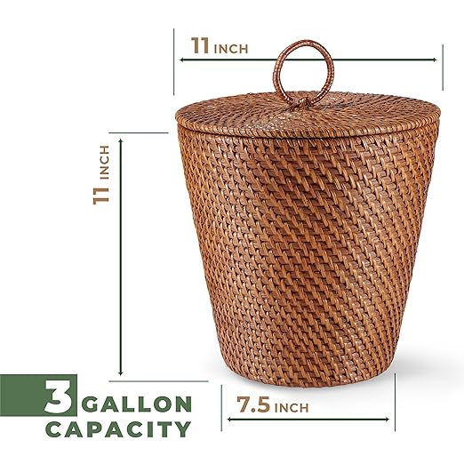3 Gallon Rattan Trash Can with Lid and Liner - Wicker Trash Can for Bathroom Bedroom Kitchen Living Room