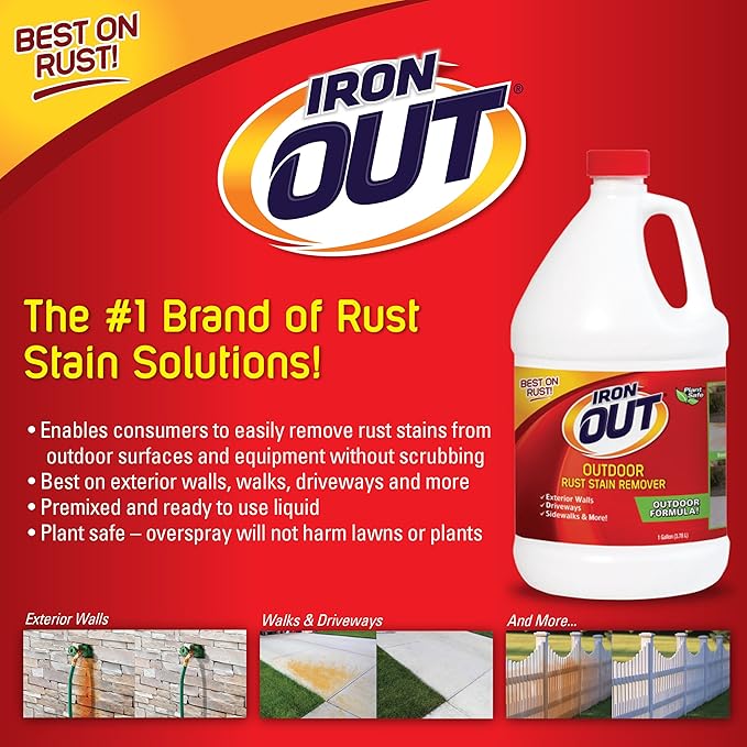 Iron OUT Liquid Rust Stain Remover Pre-mixed Quickly Removes Rust Stains from Concrete Vinyl and Other Outdoor Surfaces No Scrubbing Safe to Use 1 Gallon 4 Pack