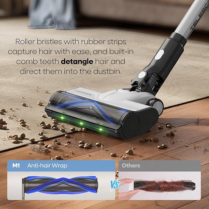 YONNDER Cordless Vacuum Cleaner 550W 55KPA 70Mins Powerful Vacuum Cleaners for Home with Anti-Tangle LED Display Screen Self-Standing Stick Vacuum for Hardwood Floors/Pet Hair/Carpet M1