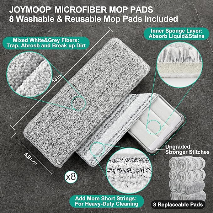 JOYMOOP Mop and Bucket with Wringer Set Hands Free Flat Floor Mop and Bucket with 8 Washable Microfiber Pads Wet and Dry Use Floor Cleaning System