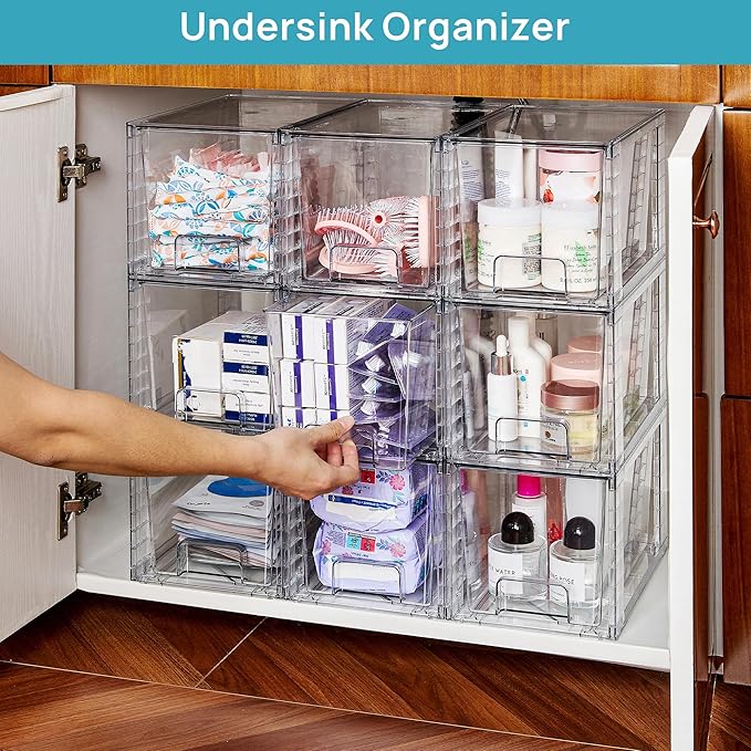 Vtopmart 6 Pack Large Stackable Storage DrawersEasily Assemble Acrylic Bathroom Closet Undersink Organizers and StoragePlastic Bins for Kitchen CabinetsPantryMakeupMedicine Organization