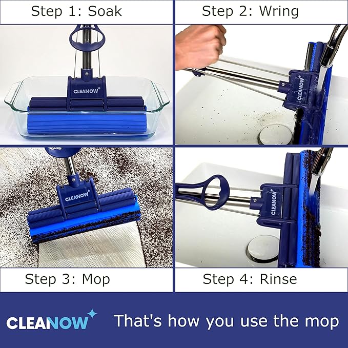 OneTouch GO! Floor Cleaner Wring Mop Cleaning Tool with Wringing Function - Sponge mop for Cleaning Floors- with PVA Sponge and Stainless Steel mop Handle