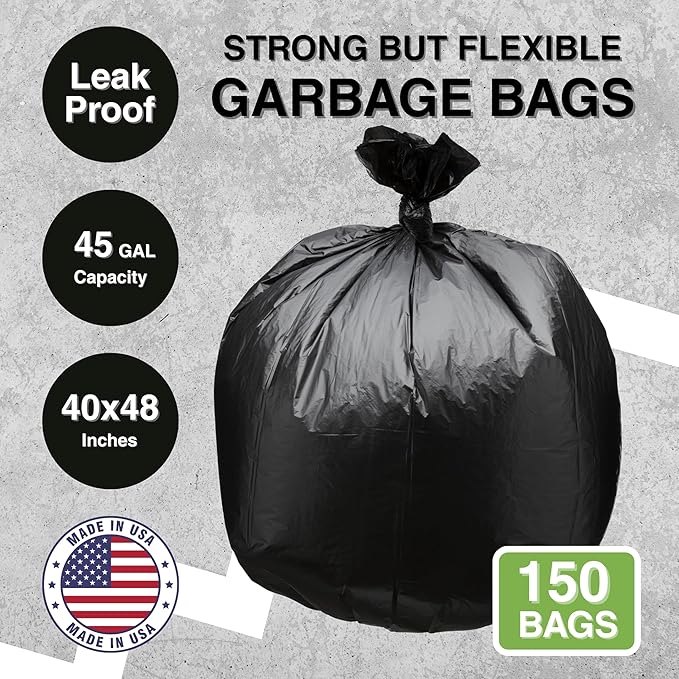45 Gallon Garbage Trash Bag 40X48 Black 150 Count Can Liner Bulk 40 Gallon 41 Gallon 42 Gallon 44 Gallon Made in USA