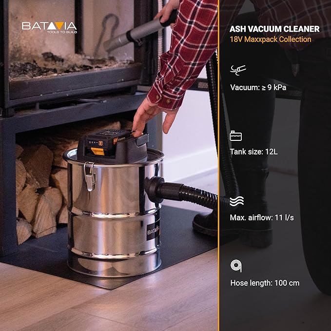 Batavia 7063509 Ash Vacuum Cleaner 18 V Maxxpack Collection • 12 L Stainless Steel Tank • Fire Resistant Aluminium Suction Hose 1 m