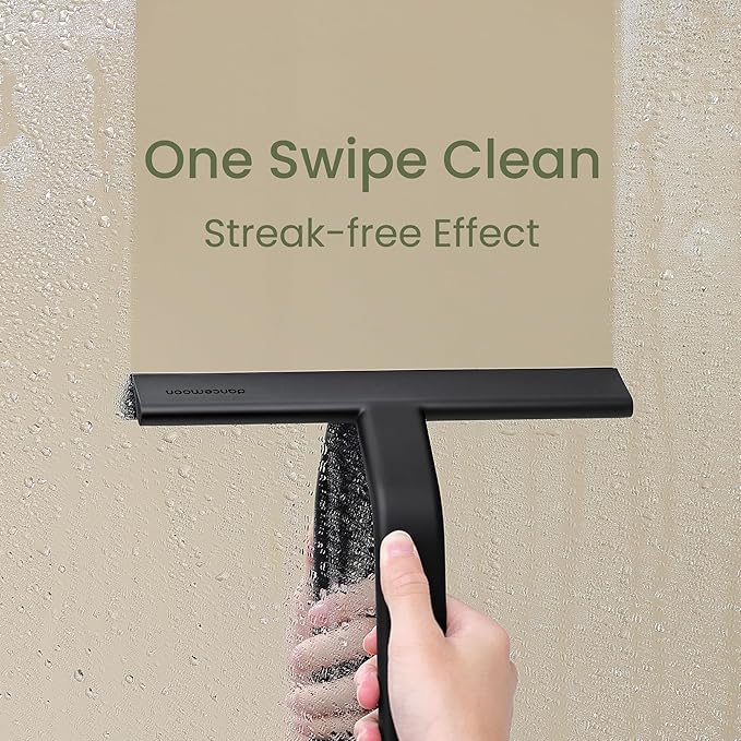 dancemoon JustHang Shower Squeegee for Glass Doors All-in-One Piece Silicone Squeegee with Built-in Hook for Bathroom Window Mirror Tile Wall Car Streak-Free Bathroom Cleaner Tool10 Inch Black