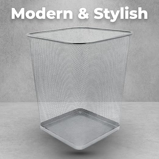 Greenco Mesh Square Wastebasket 6 Gallon 2pk (Silver) - Lightweight Garbage Trash Cans for Bedroom Kitchen Dorm - Trash Can for Office &amp Home