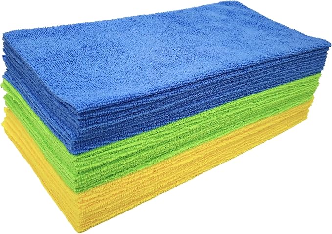 POLYTE Microfiber Cleaning Cloth Ultrasonic Cut Edgeless 14 x 14 in (36 Pack BlueGreenYellow)