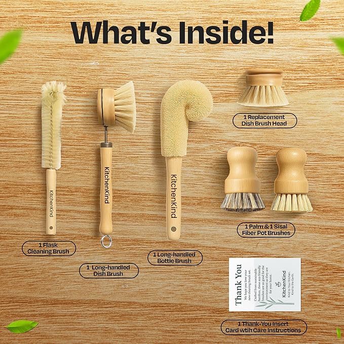 Clean &amp Kind Gift Set – Premium 6-Piece Eco-Friendly Bamboo Kitchen Brush Set with Natural Bristles &amp Wooden Handles
