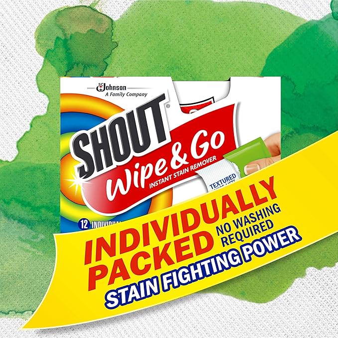 Shout Wipes Stain Remover for Clothes Laundry Instant Stain Remover and Individually Wrapped Travel Essentials Works on Everyday Stains 12 Wipes per Carton (6 Cartons) (Pack of 12)