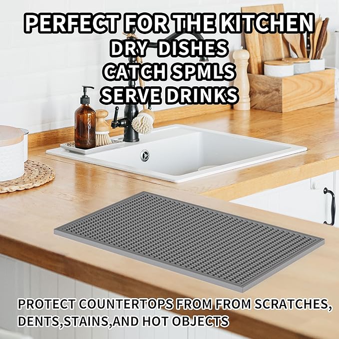 WAFT YEARN 18inX12in Bar Mat Dish Drying Mat Cocktail Service Spill Mats Bartending Countertop Kitchen Coffee Bar Silicone Non Slip Durable Flexible Absorbent Spill Resistant Rubber Heavy Duty Grey