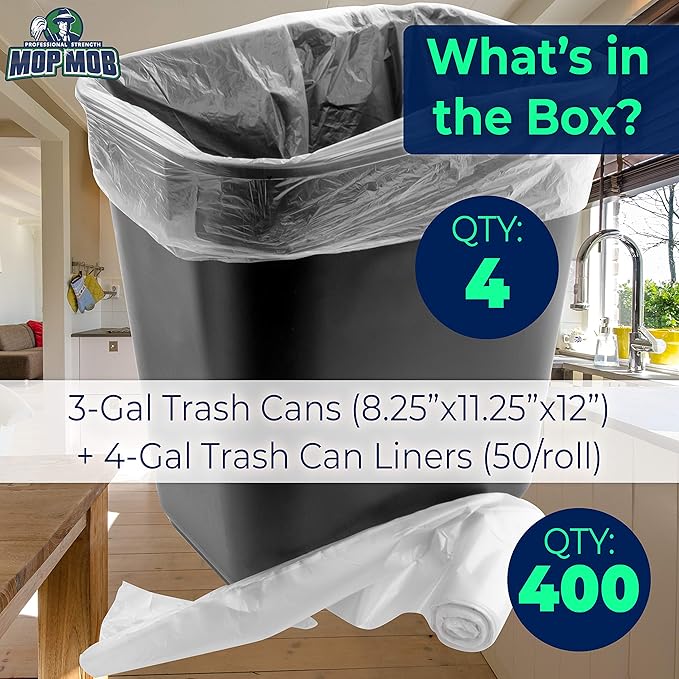Space-Saving Trash Can and 4 Gal. Leak-Proof Liners Combo 4Pk. Small Black Plastic Wastebasket and Clear Bags Great for Bathroom Kitchen or Office. Garbage Bin Fits Under Most Desks and Cabinets