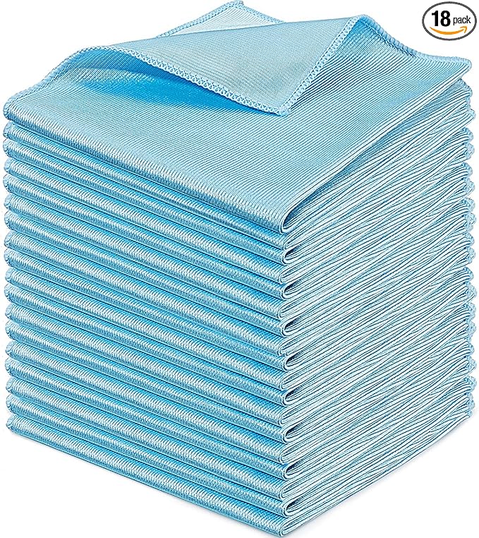 Tatuo 18 Pcs Microfiber Glass Cleaning Cloths (16 x 16) Polishing Cloth - Streak Free - Lint Free - Quickly Clean Windows Glasses Windshields Mirrors Stainless Steel Monitor(Blue)
