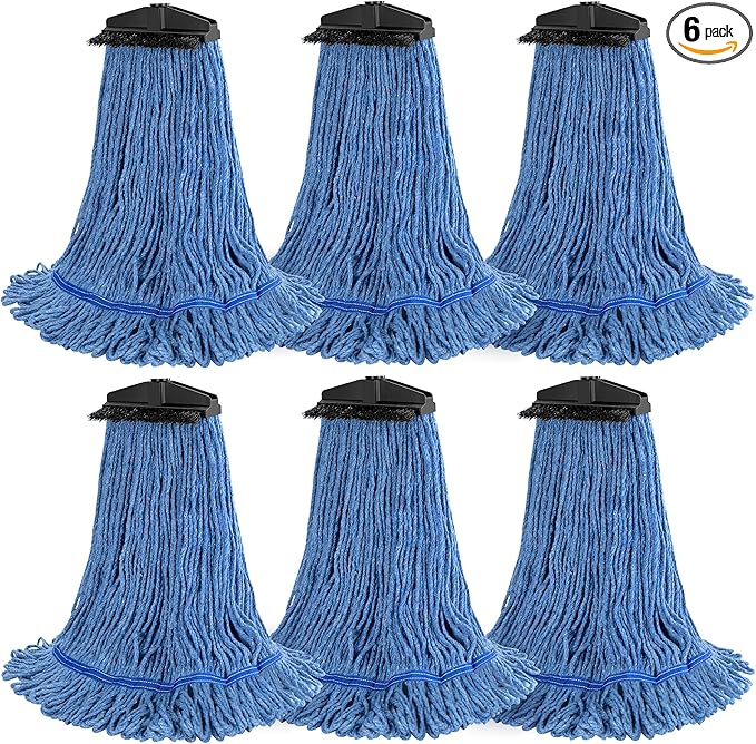 ONESIMUS Large Heavy-Duty Commercial Mop Head Replacement – Screw-On Wet Industrial Cotton Looped String Refill with Built-in Tough Polypropylene Bristle Brush for Floor Cleaning (Blue 6 Pack)
