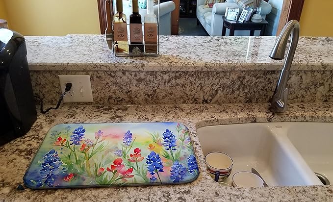 Caroline's Treasures DAC1708DDM Texas Bluebonnets in Watercolor Dish Drying Mat Absorbent Dish Drying Mat Pad for Kitchen Counter Dish Drainer Mat for Countertop 14 x 21 Multicolor