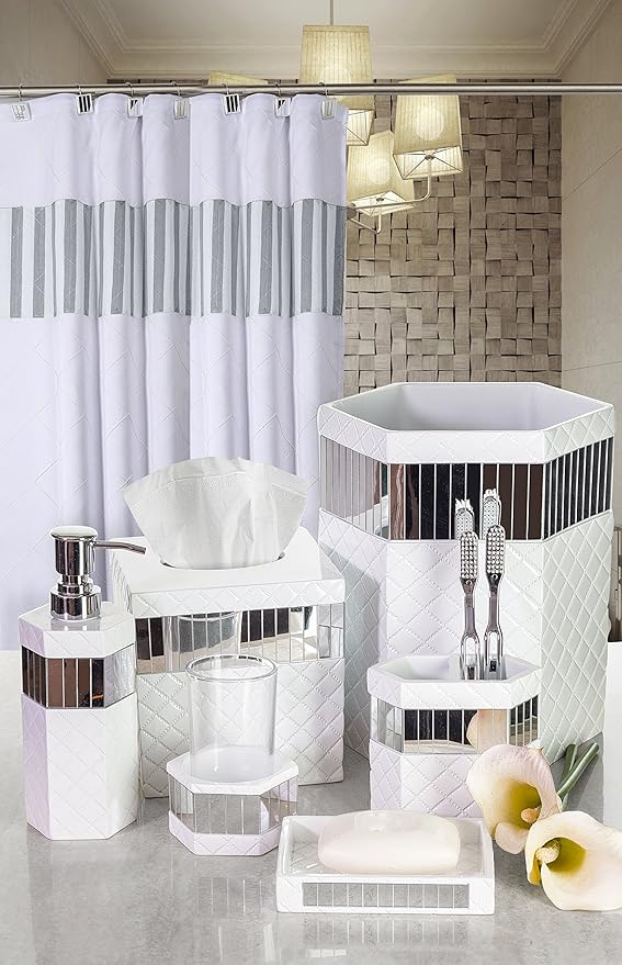Creative Scents Quilted Mirror White Tissue Box Cover Square - Decorative Bathroom Tissue Box Holder - Modern Mirrored Tissues Cube Box Cover with Durable Bottom Slider