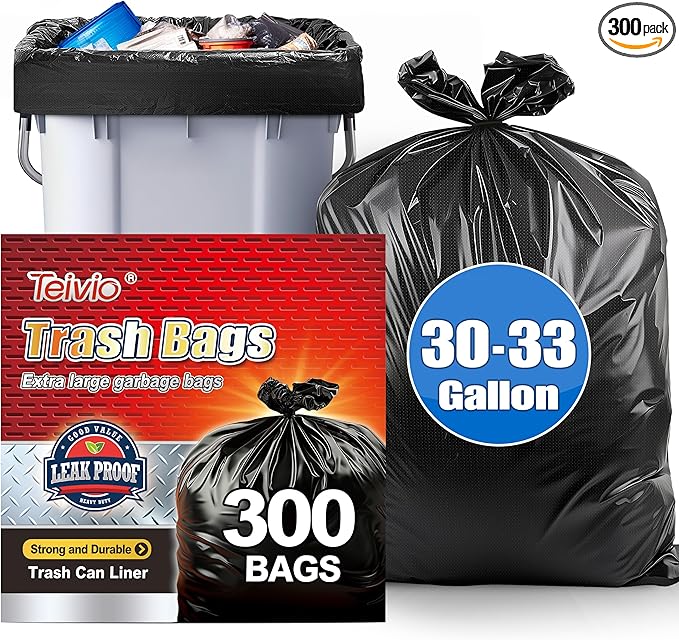 30-33 Gallon 300 Counts Large Trash Bags Black Garbage Bags Large Trash Can Liners for HomeKitchenOfficeAll Purpose Light Residential or Commercial WasteOutdoor Lawn and Leaf Bags