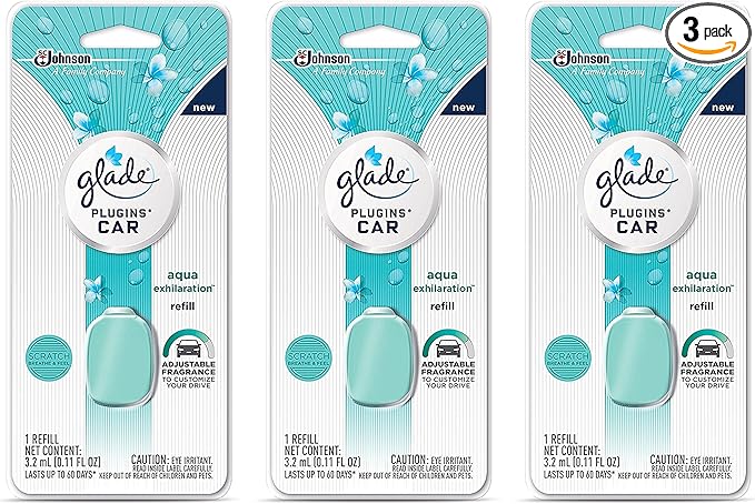 Glade Plugins Car Refill - Aqua Exhilaration - Net Wt. 3.2 mL (0.11 FL OZ) Per Refill - Pack of 3 Refills