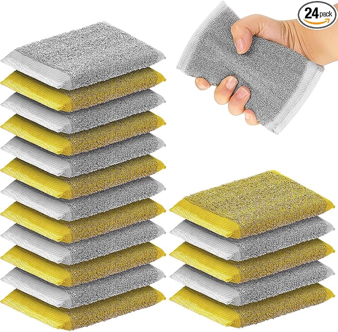 Thyle 24 Pack Steel Scrub Sponges for Dishes Non Scratch Scouring Sponge Multi Use Metal Scrubber Heavy Duty Dish Wash Kitchen Sponge for Pot Dish Washing Hard Surface Cleaning Tools (GrayYellow)
