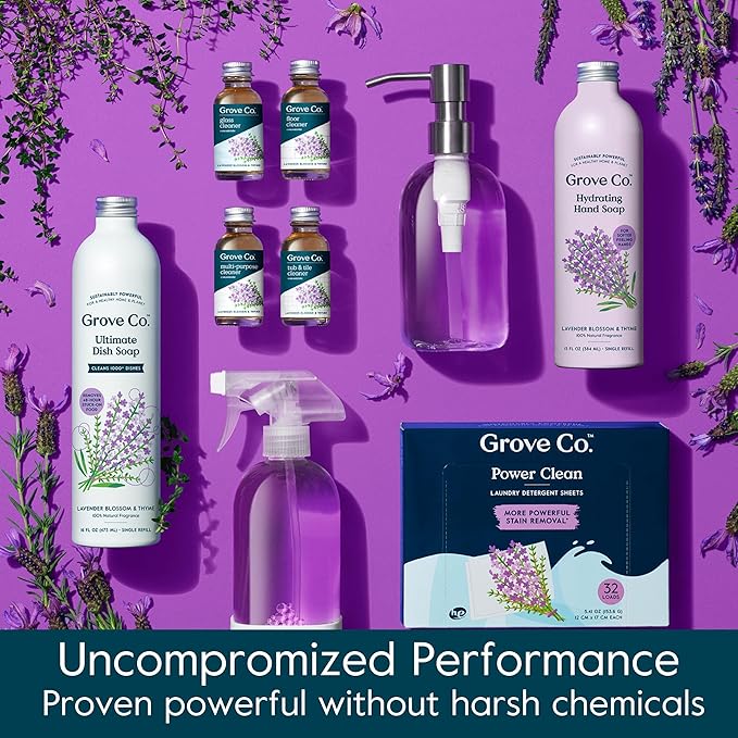 Grove Co. Tub and Tile Cleaner Refill Concentrate (2 x 1 Fl Oz) + 1 x Reusable Glass Spray Bottle (16 Oz) Plant-Based Cleaning Supplies Bundle No Plastic Waste Lavender &amp Thyme Scent