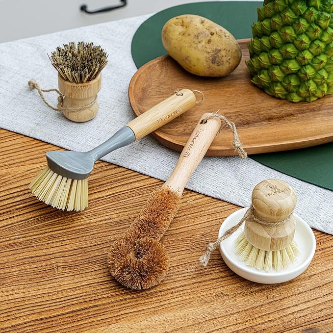 Natural Bamboo Dish Brush Bottle Scrub Brush 4-Piece Set with Ceramic Soap Dispenser - Wooden Washing Up Brushes with Sturdy Handles for Cleaning Dishes Pots Pans Gift Kit