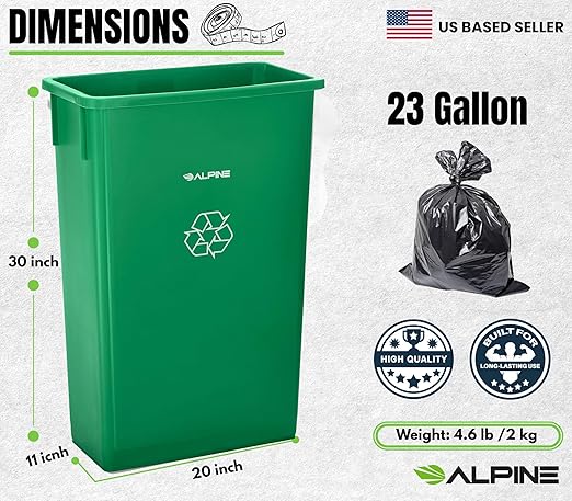 Alpine 23 Gallon Slim Trash Can - Open Top 3 Pack Slender Green Recycle Bin - Heavy Duty Plastic Garbage Bin for Homes Offices and Other Commercial Space