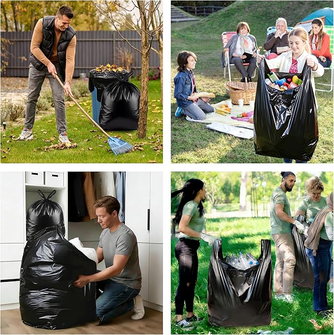 TREWAVE 100 Count 55-60 Gallon Trash Bags with Handles Heavy-Duty Thick Large Black Garbage Bags 50 Mic Jumbo Size Plastic T Shirt Bag for Outdoor Yard Construction Industrial and Commercial Use