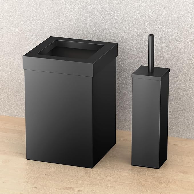 Gatco Small Bathroom Trash Can with Lid and Toilet Brush Set Square 3 Gallon Stainless Steel Wastebasket Under Sink Matte Black for Bathroom Bedroom Office (2972)