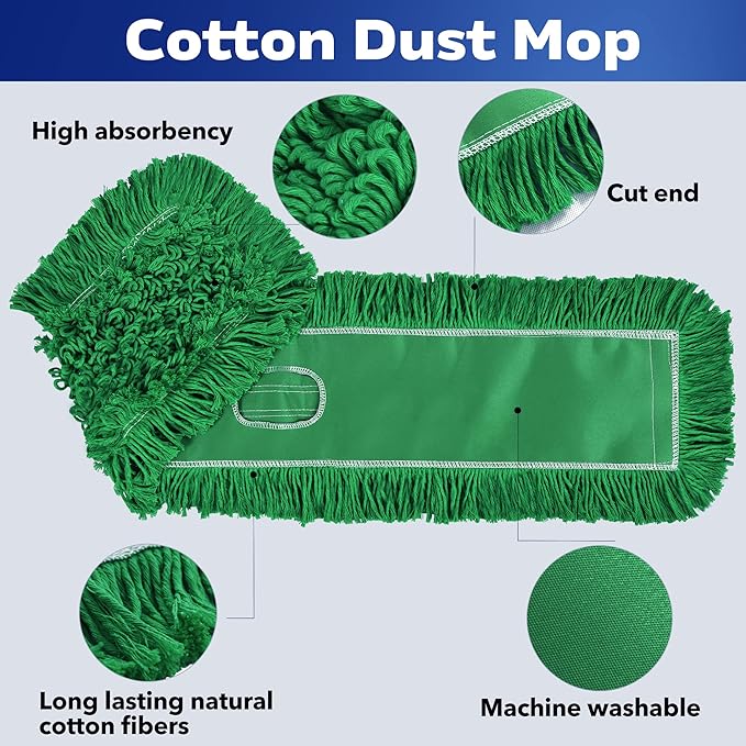 Matthew Cleaning 36'' Industrial Strength Cotton Dust Mop Refill Washable Replacement Heads for Residential &amp Commercial Use Fit Standard Dust Mop Frames Hardwood Concrete Floors Green 6 Pack