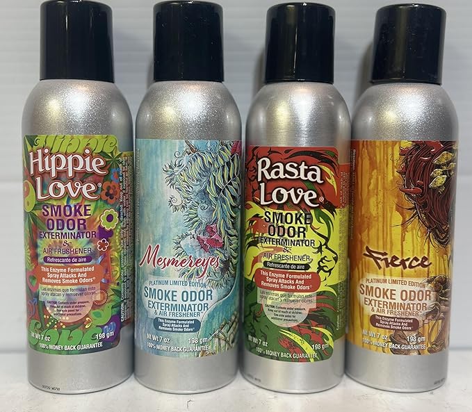 Smoke Odor Exterminator 198 gm/ 7 oz Large Spray Hippie Love Set of Four Cans. Assortment (4) Includes Hippie Love Fierce Mesmereyes &amp Rasta Love.