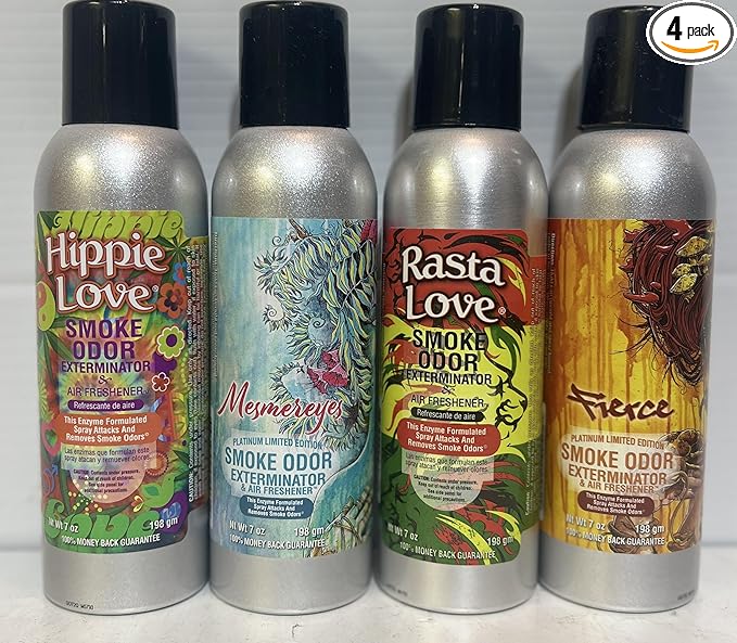 Smoke Odor Exterminator 198 gm/ 7 oz Large Spray Hippie Love Set of Four Cans. Assortment (4) Includes Hippie Love Fierce Mesmereyes &amp Rasta Love.