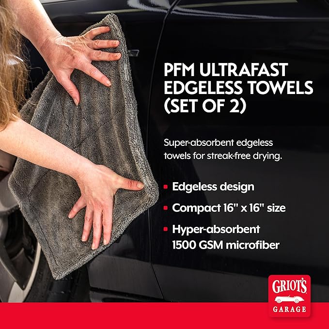 Griot's Garage PFM Ultrafast Edgeless Towels for Car Cleaning and Detailing Hyper-Absorbent Scratch-Free Compact 16” x 16” Set of 2 55539