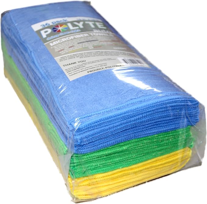 POLYTE Premium Microfiber Cleaning Towel16x16 in 36 Pack (BlueGreenYellow)