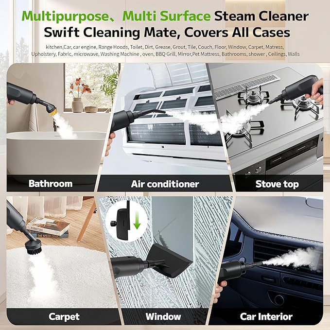 Pressurized Handheld Steam Cleaner 2500W 54oz Large-Capacity Steamer with 3-Level Adjustable Steam 15s Heat-Up &amp 15Pcs Accessories – for Car Tile Grout Couch Floor Bed Dirt Furniture