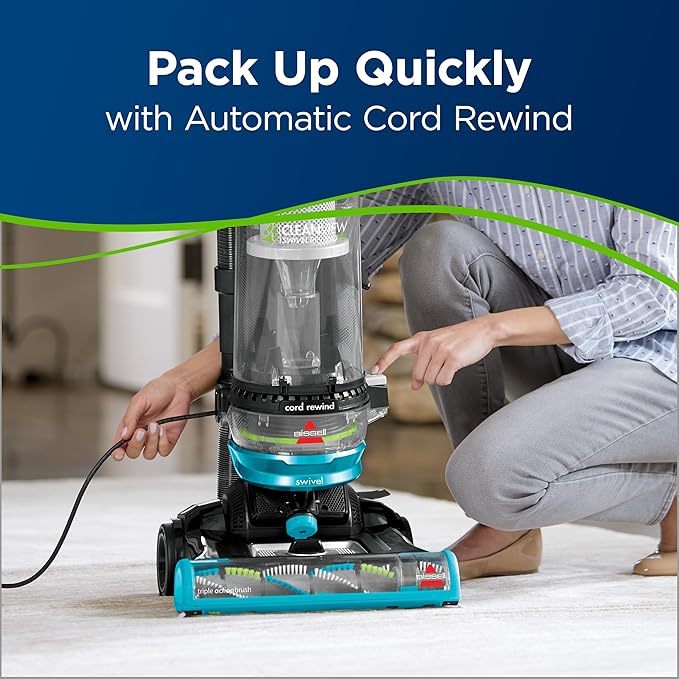 Bissell 2254 CleanView Swivel Rewind Pet Upright Bagless Vacuum Automatic Cord Rewind Swivel Steering Powerful Pet Hair Pickup Specialized Pet Tools Large Capacity Dirt Tank Teal