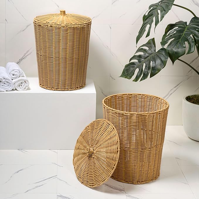 happimess HPM1406A-SET2 Ollie Coastal Contemporary Resin 4.7-Gallon Tapered Round Wicker Watebasket with Lid Natural (Set of 2)