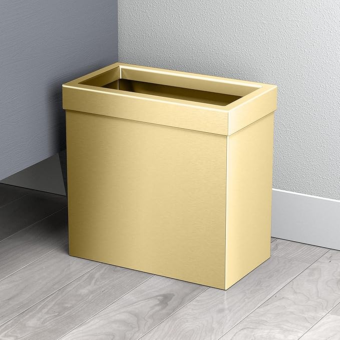 Gatco Modern Rectangle Wastebasket Brushed Brass - Stainless Steel Trash Can with Removable Lid Leakproof 3 Gallon Capacity for Bathroom Bedroom Kitchen or Office