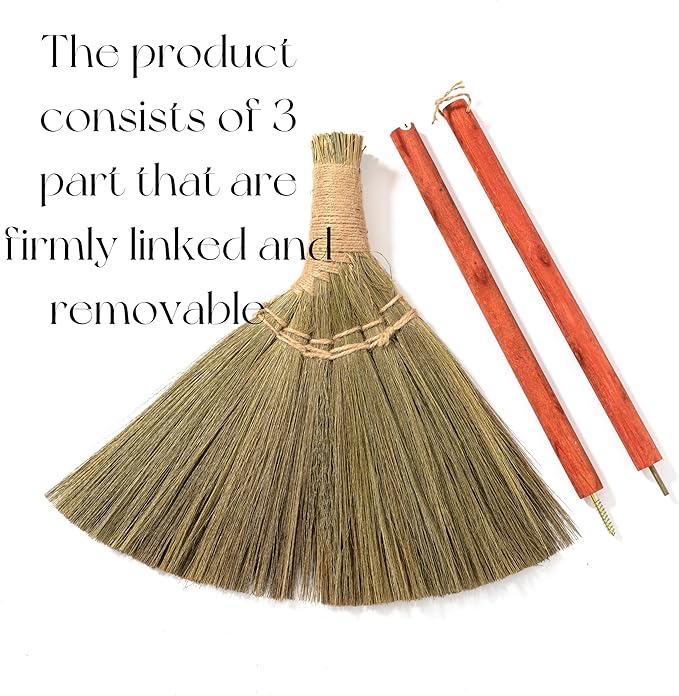 Vietnamese Natural Straw Broom – Handmade Soft Grass Broom for Indoor &amp Outdoor – Red Long Wooden Handle Broomstick for House Kitchen Garage – Wedding Jumping Broom with 46.46'' Length