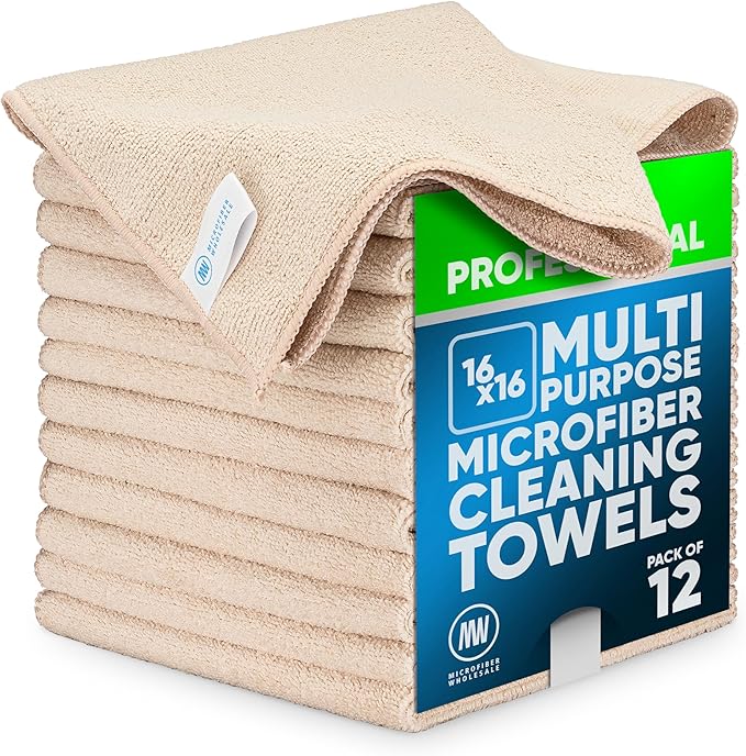 MW Pro Microfiber Cleaning Cloth | Sand | 12 Pack | 16” x 16” | All Purpose Microfiber Towels - Clean Dust Polish Scrub Absorbent