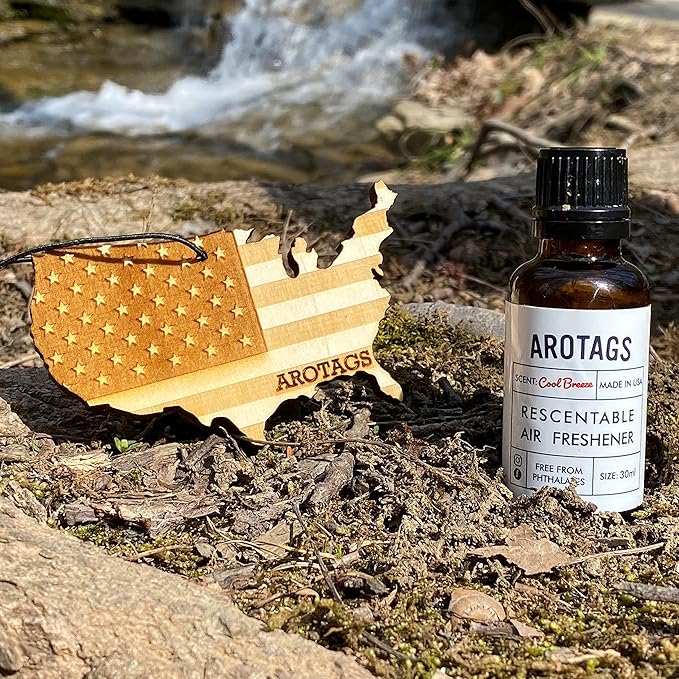 Arotags Reusable Wood Car Air Freshener Vanilla Lavender Scent USA Flag Design Hanging Diffuser with Fragrance Oil Refill