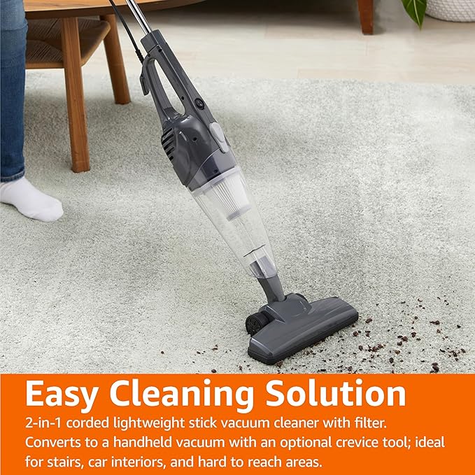 Amazon Basics 2-in-1 Corded Stick Vacuum Cleaner Converts to Handheld Lightweight (3.9 LBS) with Washable Filter Crevice Tools 0.5L Dust Cup Self-Standing 19.7-Ft Cord 300W Black