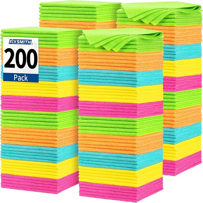 FIXSMITH Microfiber Cleaning Cloth 200 Pack Shop Towels Lint-Free Car Wash Towels All-Purpose Absorbent Cleaning Rags for Housekeeping Dust Cloth for Office Mechanic Automotive （12inx12in）