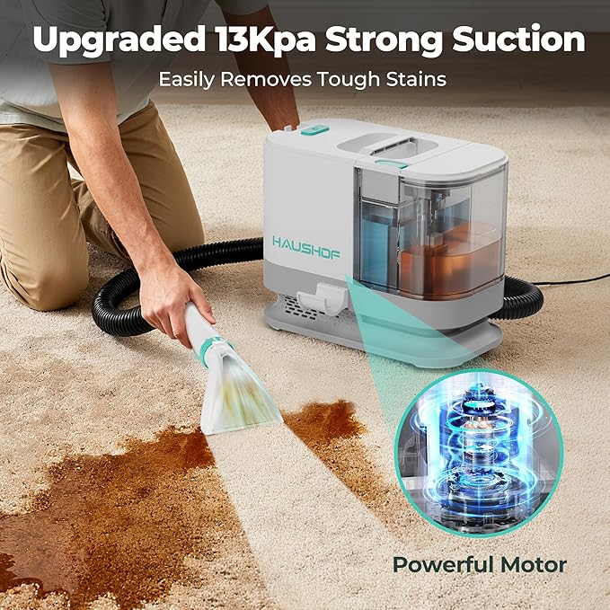HAUSHOF Portable Carpet Spot and Upholstery Cleaner Machine 13Kpa Powerful Suction &amp Spot Remover Deep Stain Cleaning for Rug Carpet Car Seats Pets Stairs Couches with Cleaning Solution