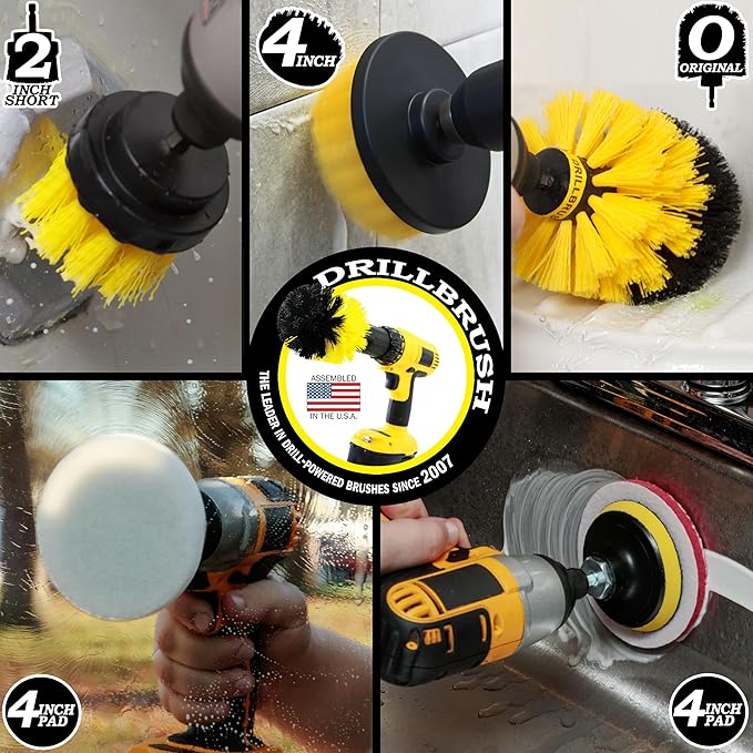 Drill Brush Attachment Multipurpose House Cleaning Supplies Set: Nylon Toilet Brush Kit Lemon Lime Scented Cleaning Paste Scrub Pads - Bathroom &amp Kitchen Tile Grout Cleaner - Household Essential