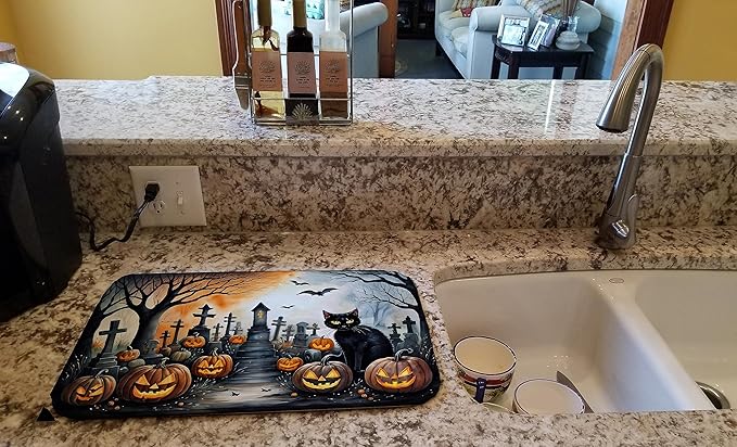 Caroline's Treasures DAC2224DDM Black Cat Spooky Halloween Dish Drying Mat Absorbent Dish Drying Mat Pad for Kitchen Counter Dish Drainer Mat for Countertop 14 x 21 Multicolor