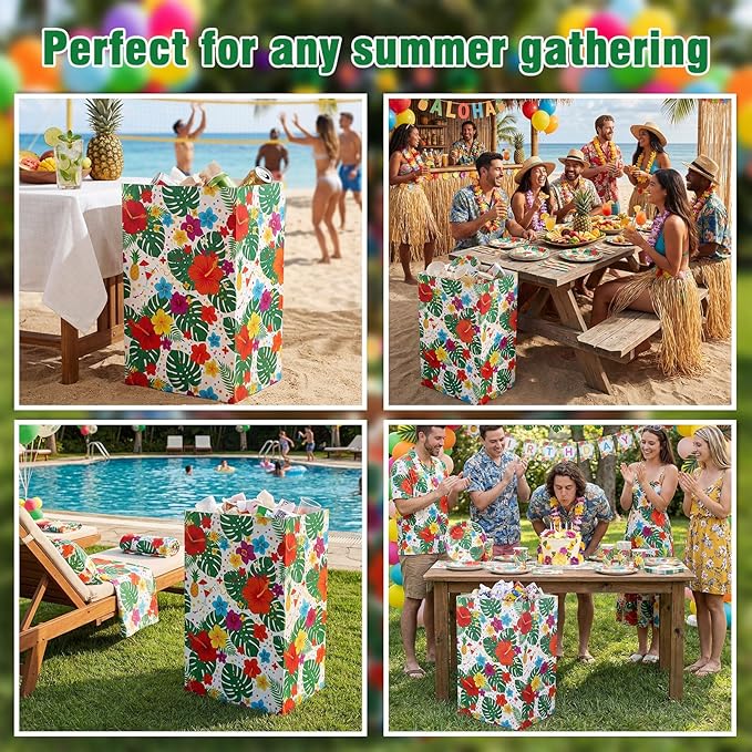 Tinlade 6 Pack 13 Gallon Tropical Disposable Trash Cans Extra Large Thickened Waterproof Reusable Garbage Bins Foldable Pop up Bins with Palm Leaves Hibiscus Flower for Summer Pool Beach Luau Party